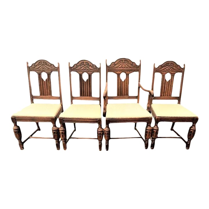 Antique Spanish Revival Early 20th Century Solid Oak Dining Chairs With New Kravet Fabric - Set of 4 - 13