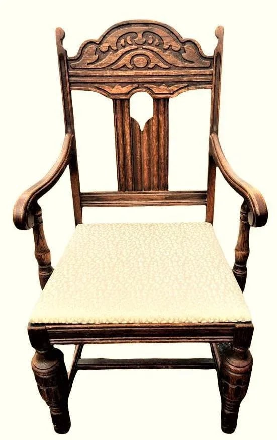 Antique Spanish Revival Early 20th Century Solid Oak Dining Chairs With New Kravet Fabric - Set of 4 - 5