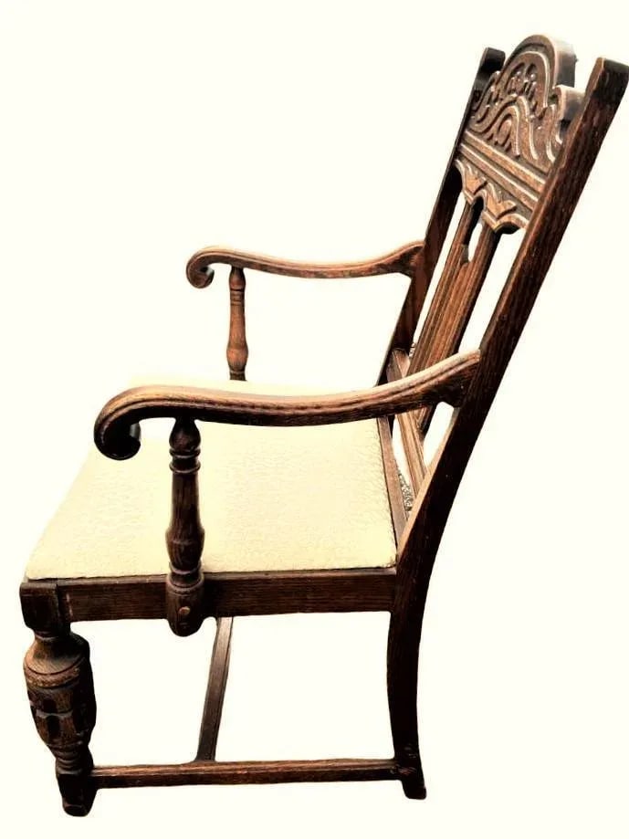 Antique Spanish Revival Early 20th Century Solid Oak Dining Chairs With New Kravet Fabric - Set of 4 - 6