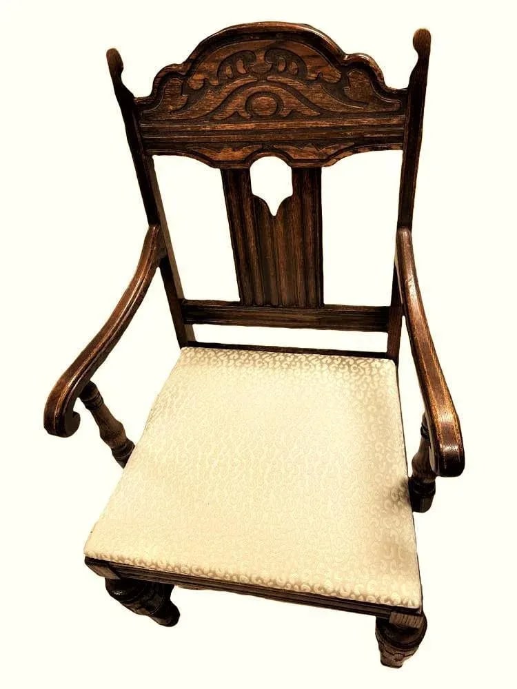 Antique Spanish Revival Early 20th Century Solid Oak Dining Chairs With New Kravet Fabric - Set of 4 - 8