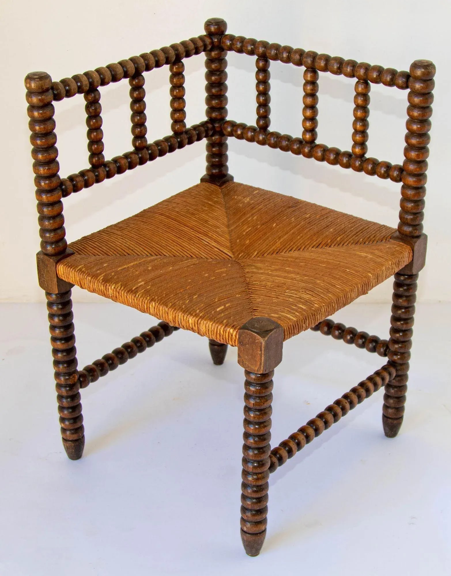 Antique French Provincial Carved Oak Bobbin Rush Corner Chair 19th C. - 13