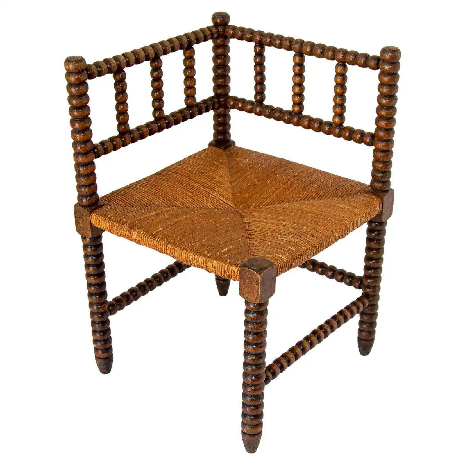 Antique French Provincial Carved Oak Bobbin Rush Corner Chair 19th C. - 2