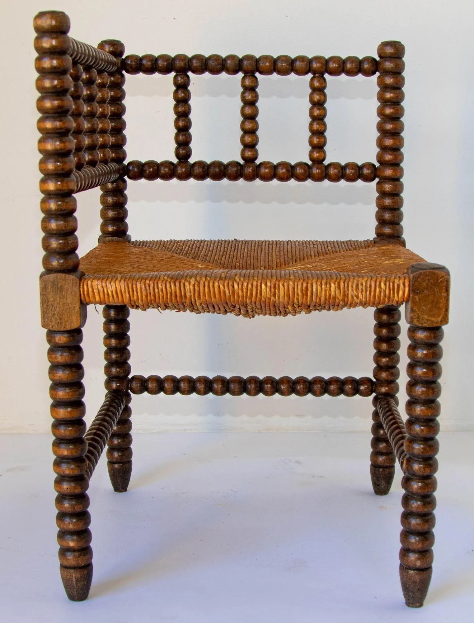 Antique French Provincial Carved Oak Bobbin Rush Corner Chair 19th C. - 9