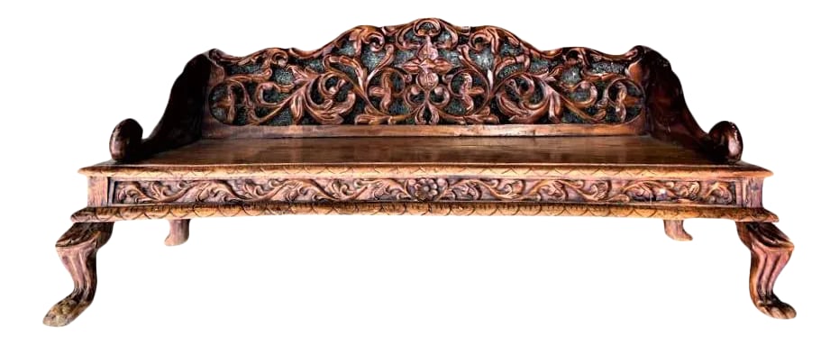 Ornately Carved Teak Bench From South Asia - Mid 20th Century - 4