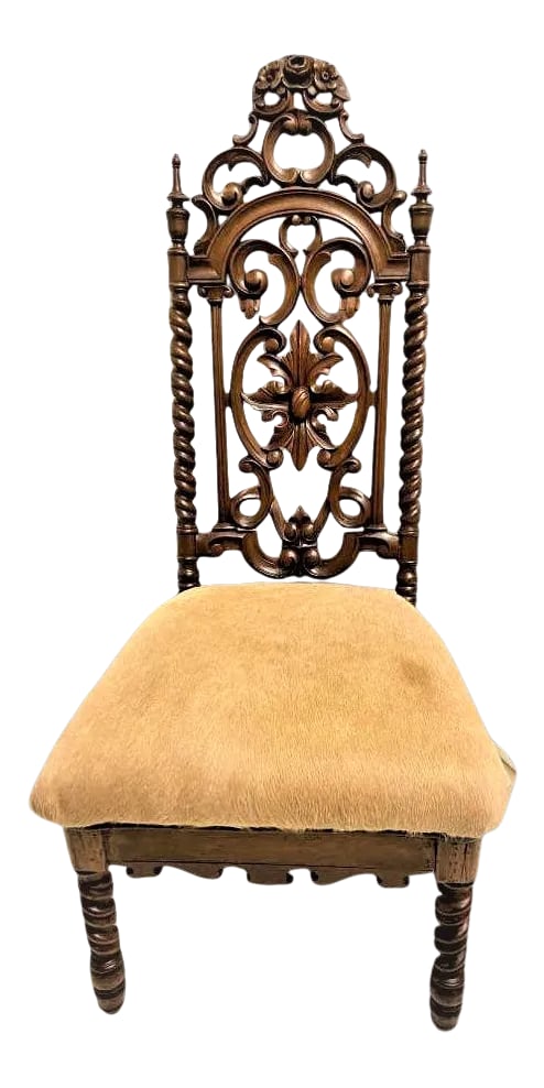 Late 19th Century Carved Rosewood Renaissance Revival Chair With Hair-On Cowhide Seat Upholstery - 10