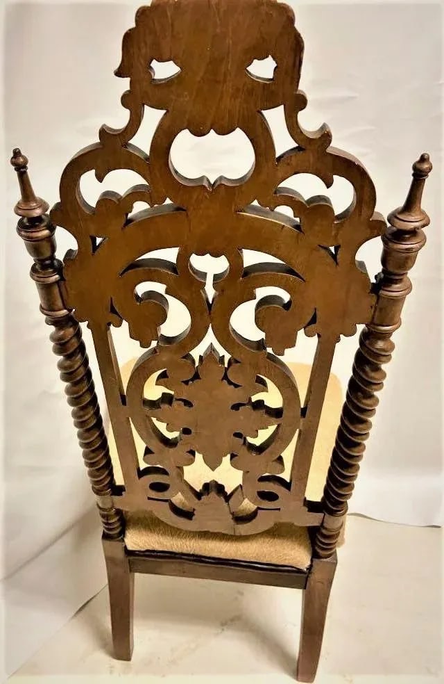 Late 19th Century Carved Rosewood Renaissance Revival Chair With Hair-On Cowhide Seat Upholstery - 4