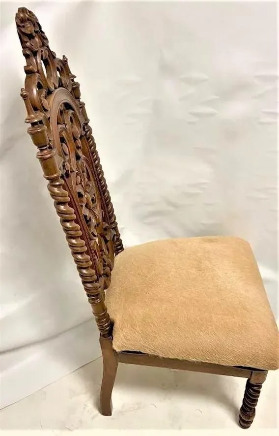 Late 19th Century Carved Rosewood Renaissance Revival Chair With Hair-On Cowhide Seat Upholstery - 8