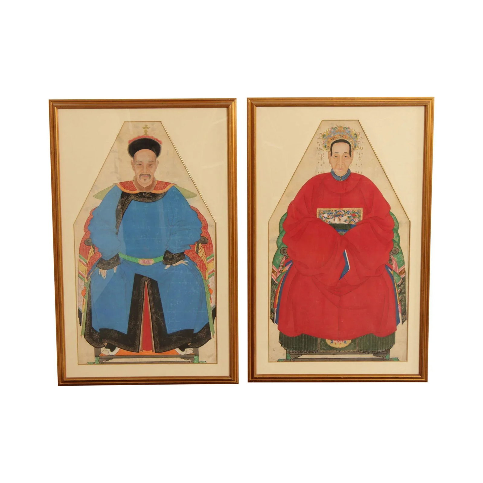 Antique Chinese Ancestral Watercolor Portraits - A Pair - 13