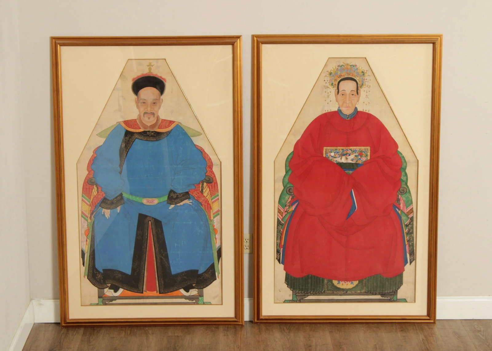 Antique Chinese Ancestral Watercolor Portraits - A Pair - 2