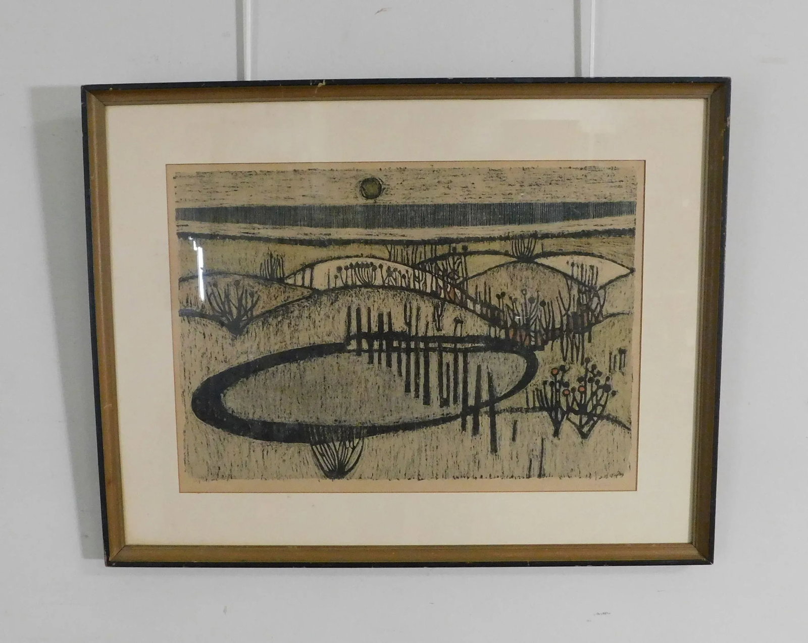 Mid Century Abstract Landscape Woodblock Print - 2