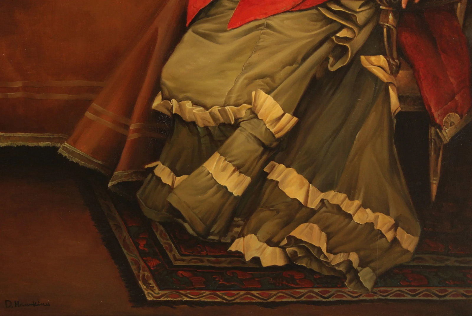 Vintage 20th C. Portrait of Victorian Woman Oil Painting, Signed 'D. Hawkins' - 11