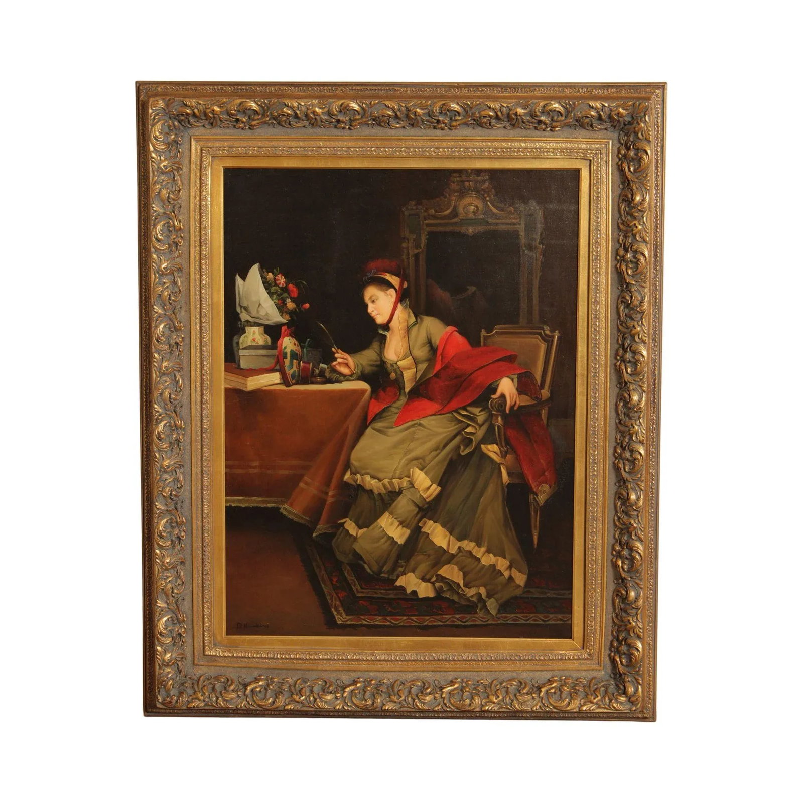 Vintage 20th C. Portrait of Victorian Woman Oil Painting, Signed 'D. Hawkins' - 13