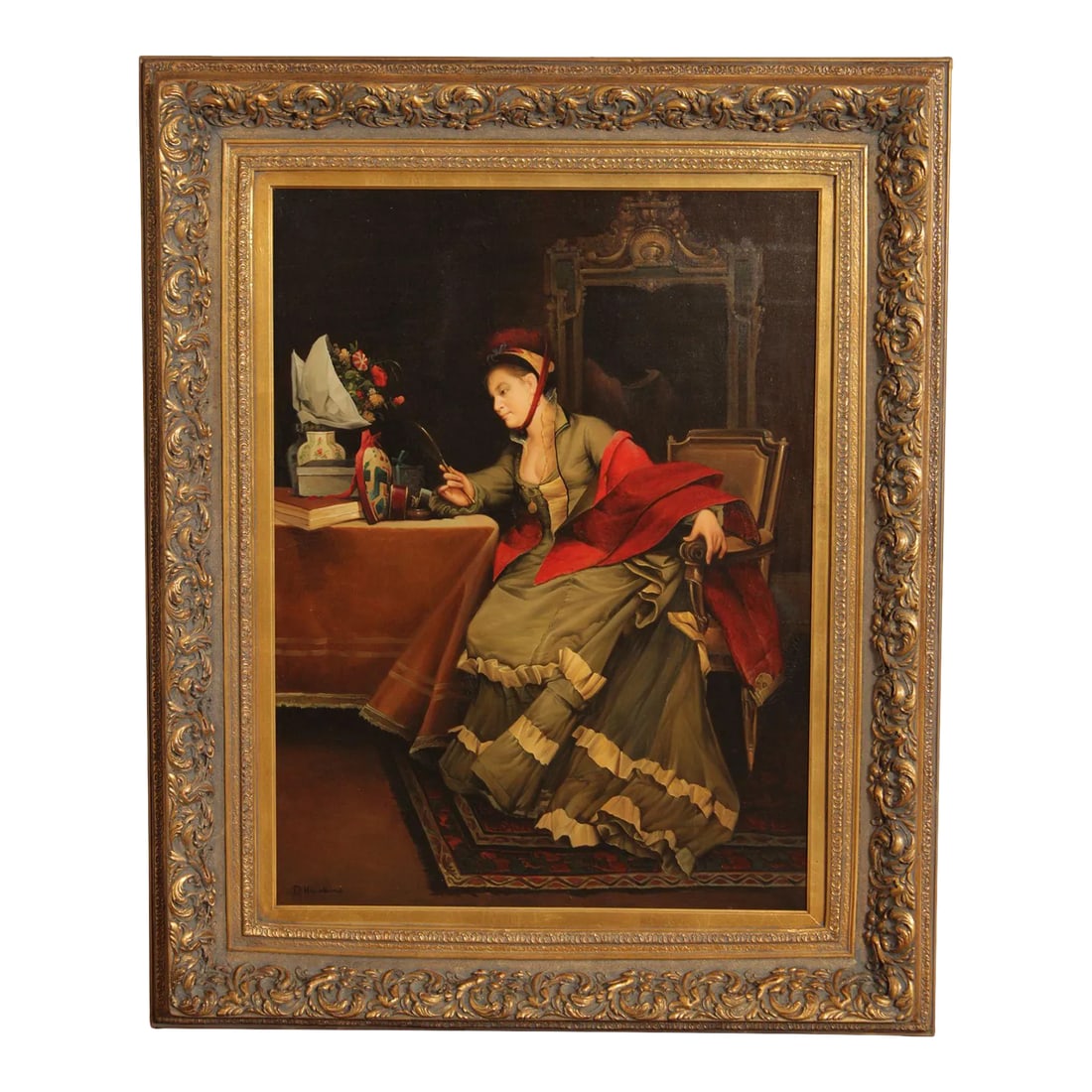 Vintage 20th C. Portrait of Victorian Woman Oil Painting, Signed 'D. Hawkins': Vintage 20th C. Original Oil Painting on Canvas Depicting Victorian Dressed Woman Writing, Signed 'D. Hawkins' on the Lower Right, High Quality Gilt Gold Custom Frame Condition: Alterations: Original