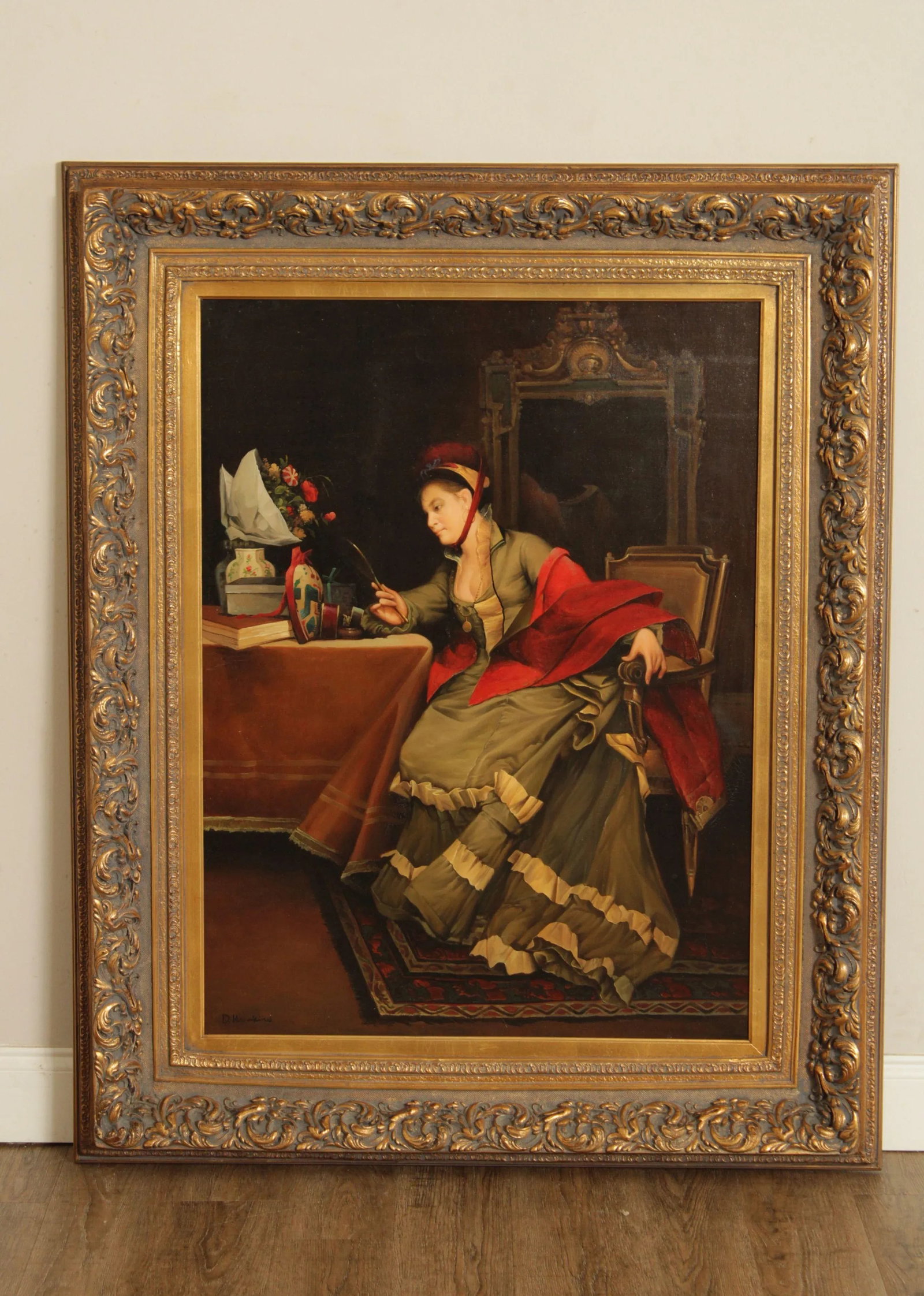 Vintage 20th C. Portrait of Victorian Woman Oil Painting, Signed 'D. Hawkins' - 2