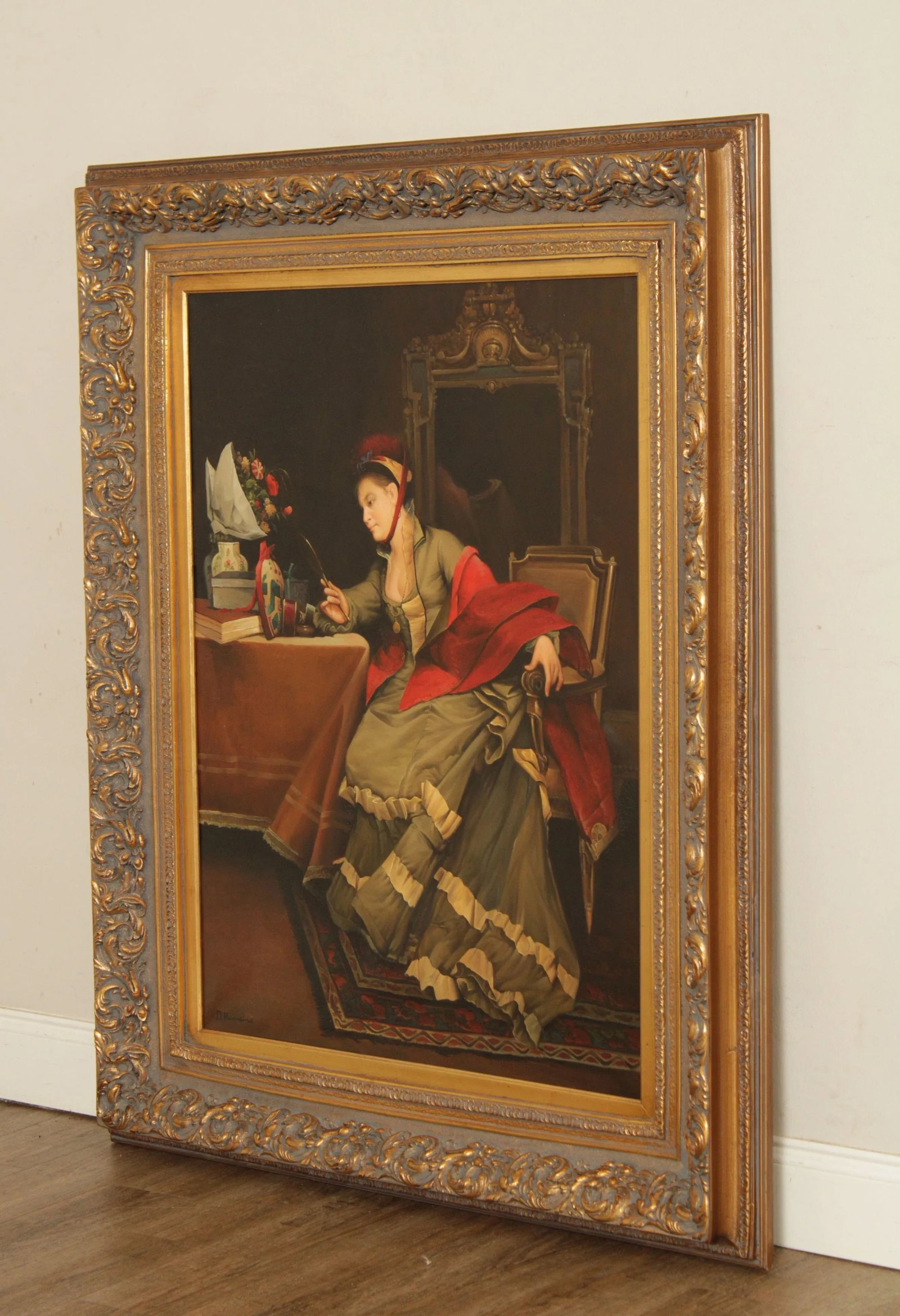 Vintage 20th C. Portrait of Victorian Woman Oil Painting, Signed 'D. Hawkins' - 3