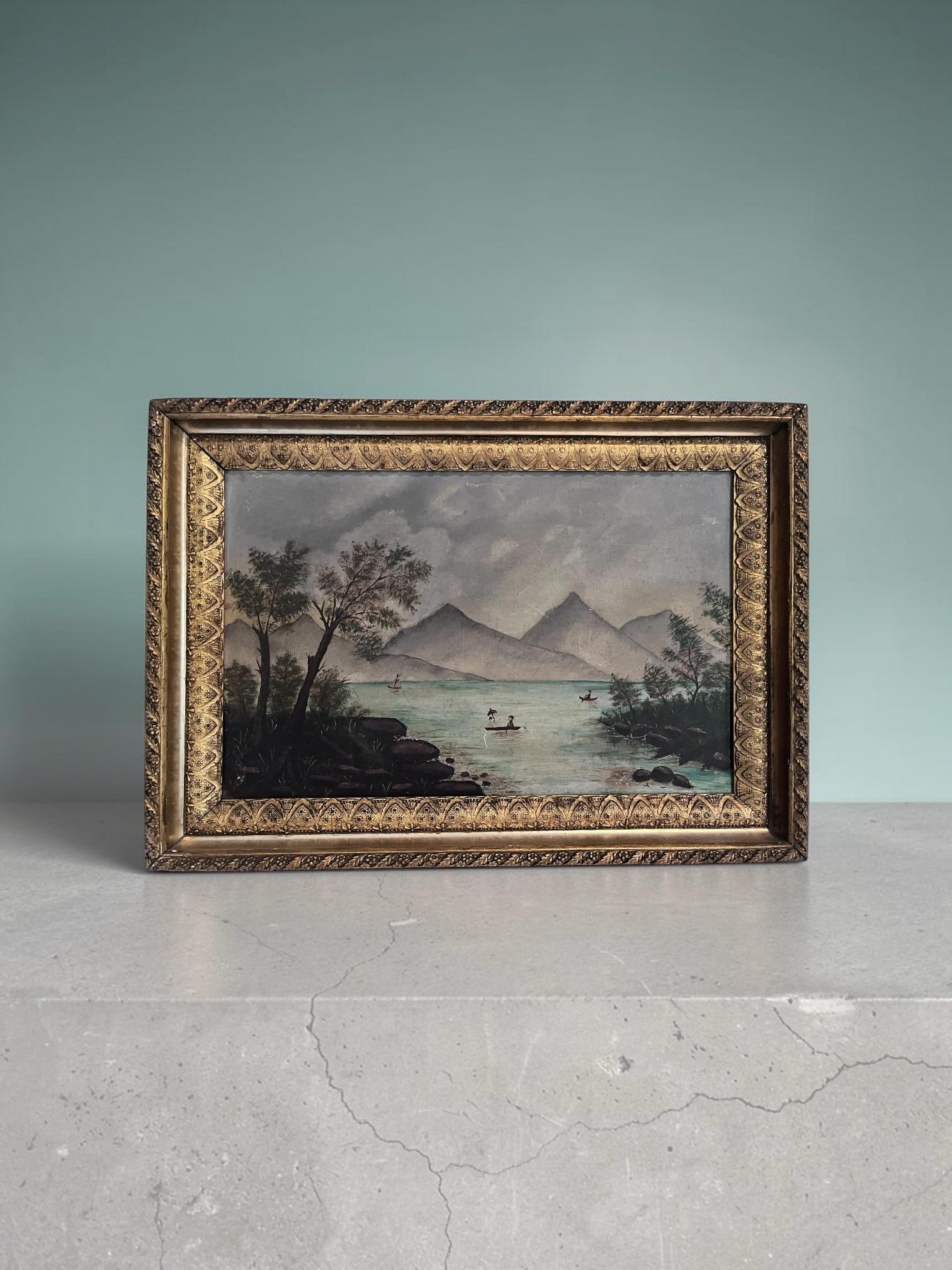 Antique American Folk Art Mountain Lake Landscape Oil Painting on Artist's Board, C. 1900 - 2