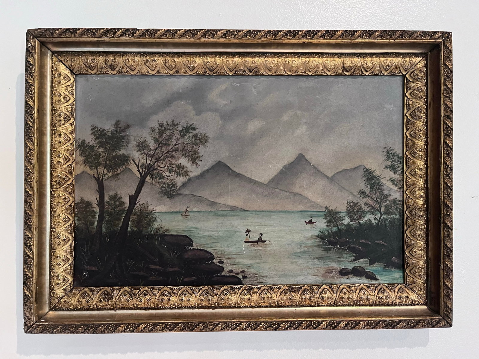 Antique American Folk Art Mountain Lake Landscape Oil Painting on Artist's Board, C. 1900 - 3