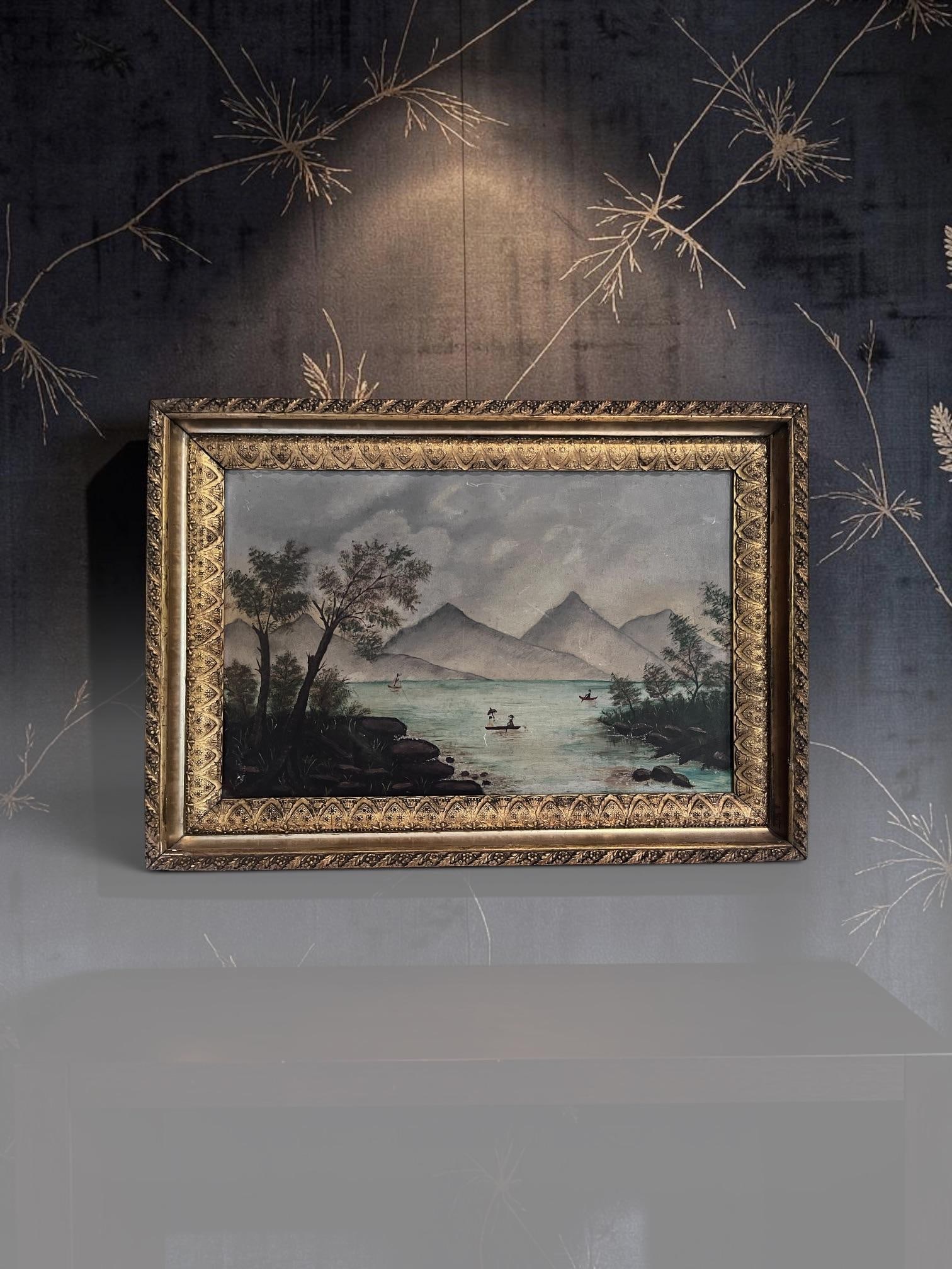 Antique American Folk Art Mountain Lake Landscape Oil Painting on Artist's Board, C. 1900 - 4