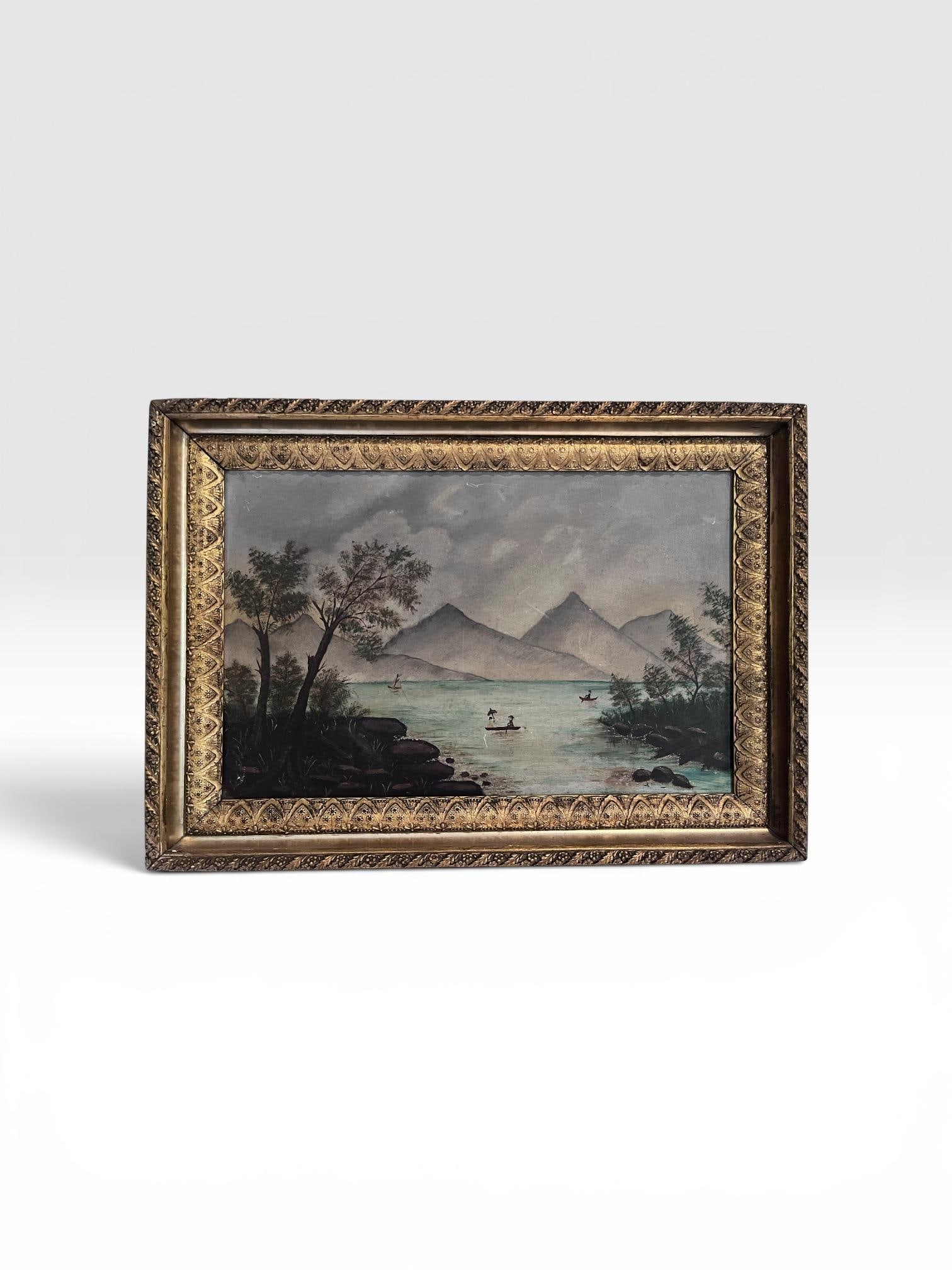 Antique American Folk Art Mountain Lake Landscape Oil Painting on Artist's Board, C. 1900 - 5