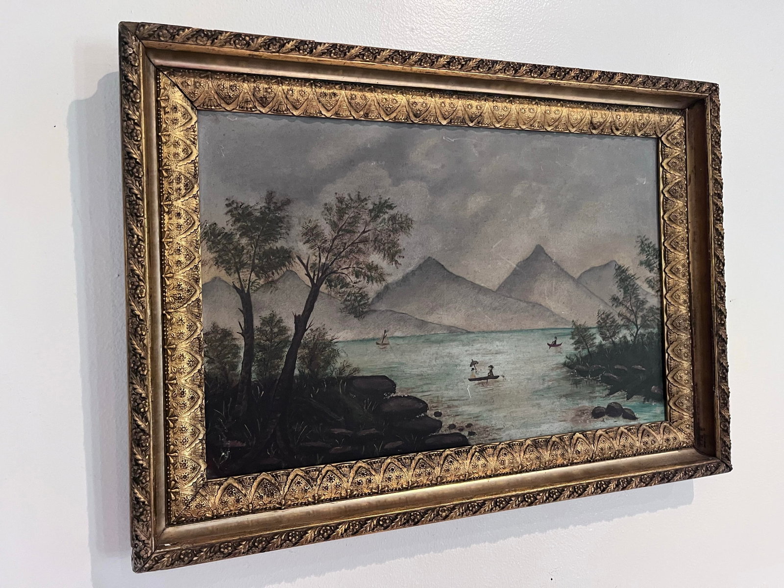 Antique American Folk Art Mountain Lake Landscape Oil Painting on Artist's Board, C. 1900 - 6