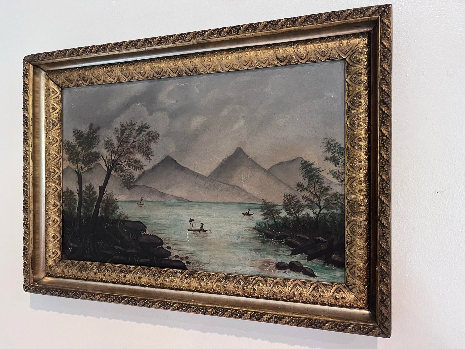 Antique American Folk Art Mountain Lake Landscape Oil Painting on Artist's Board, C. 1900 - 7