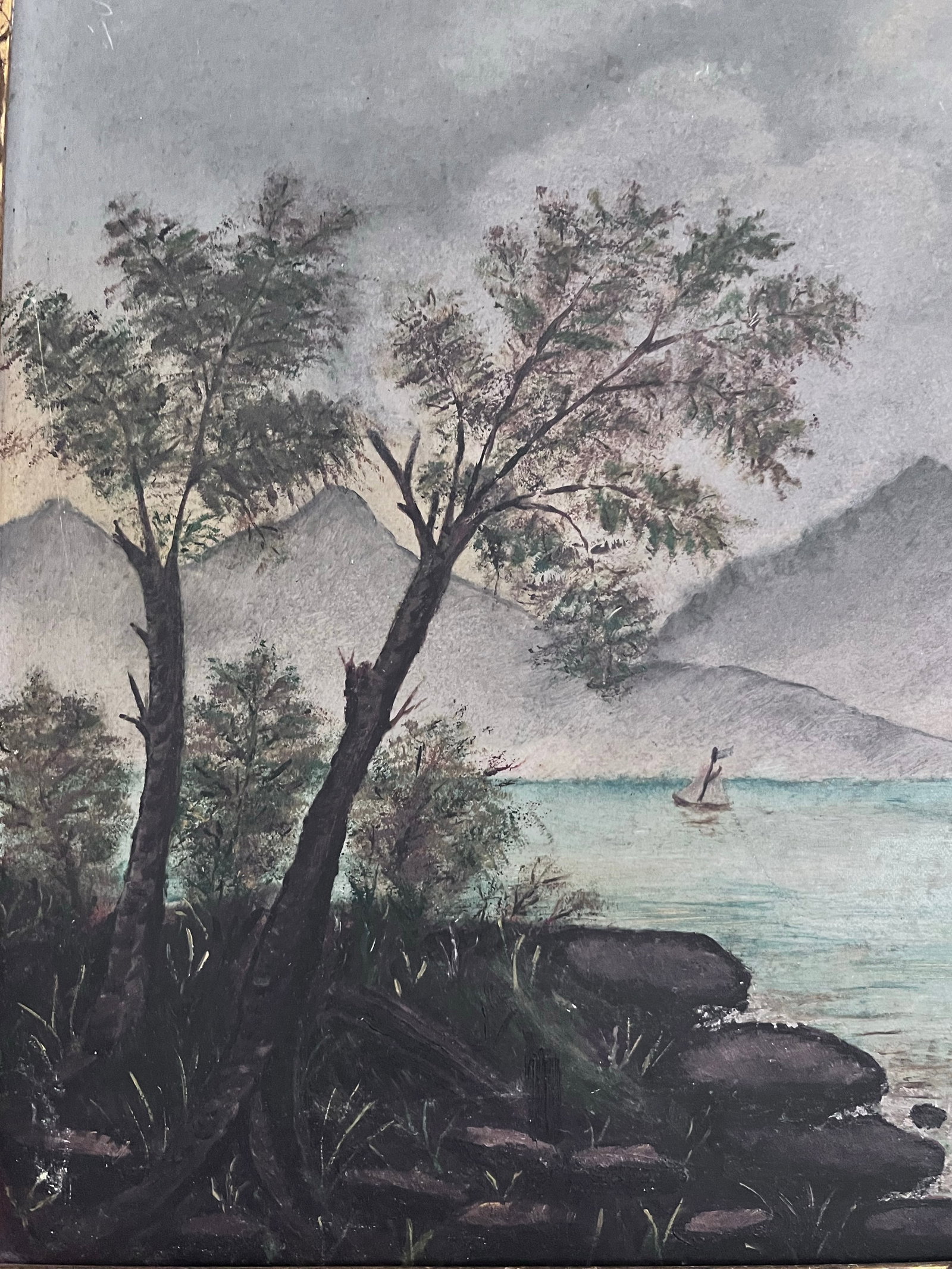 Antique American Folk Art Mountain Lake Landscape Oil Painting on Artist's Board, C. 1900 - 8