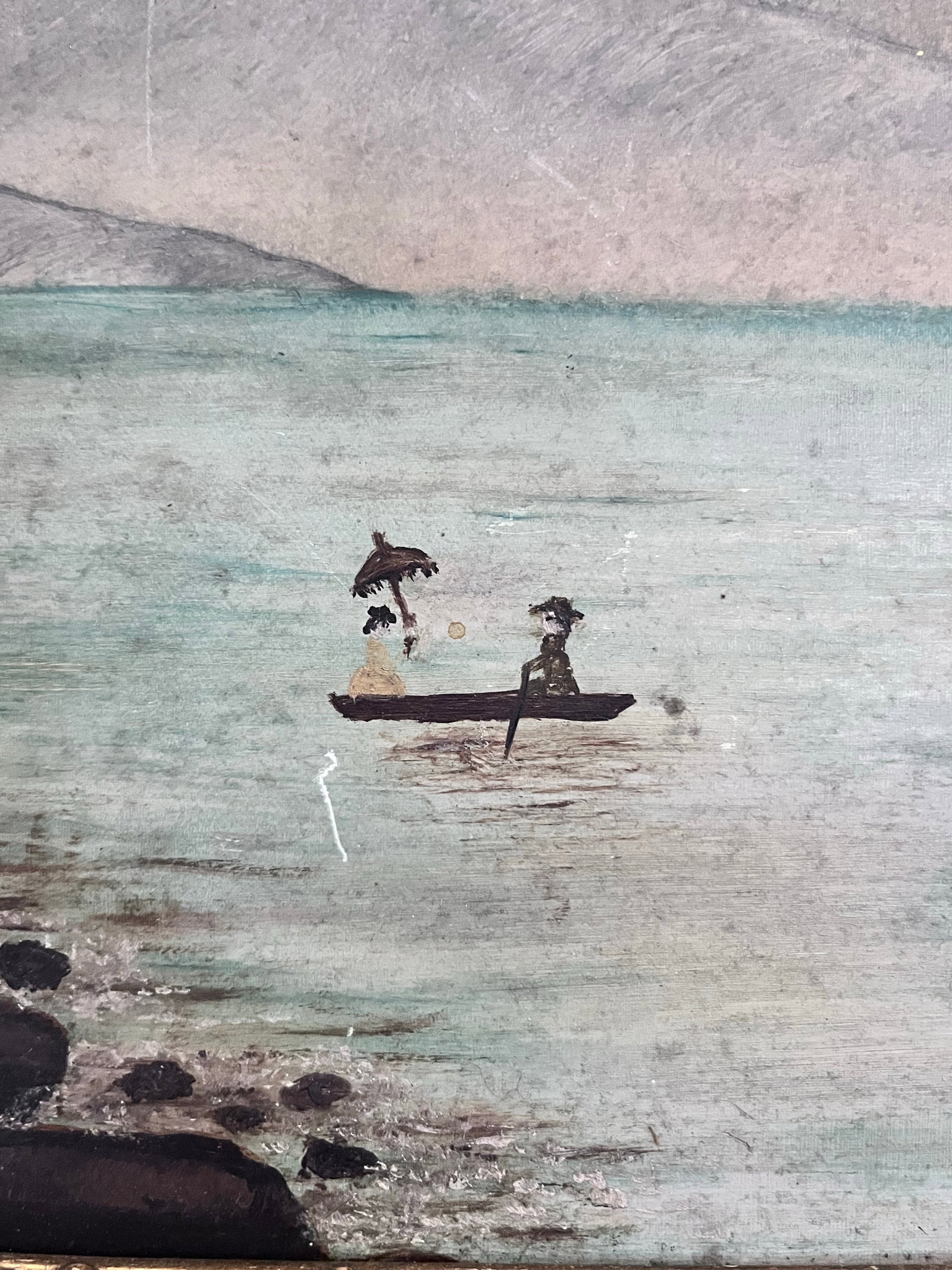 Antique American Folk Art Mountain Lake Landscape Oil Painting on Artist's Board, C. 1900 - 9