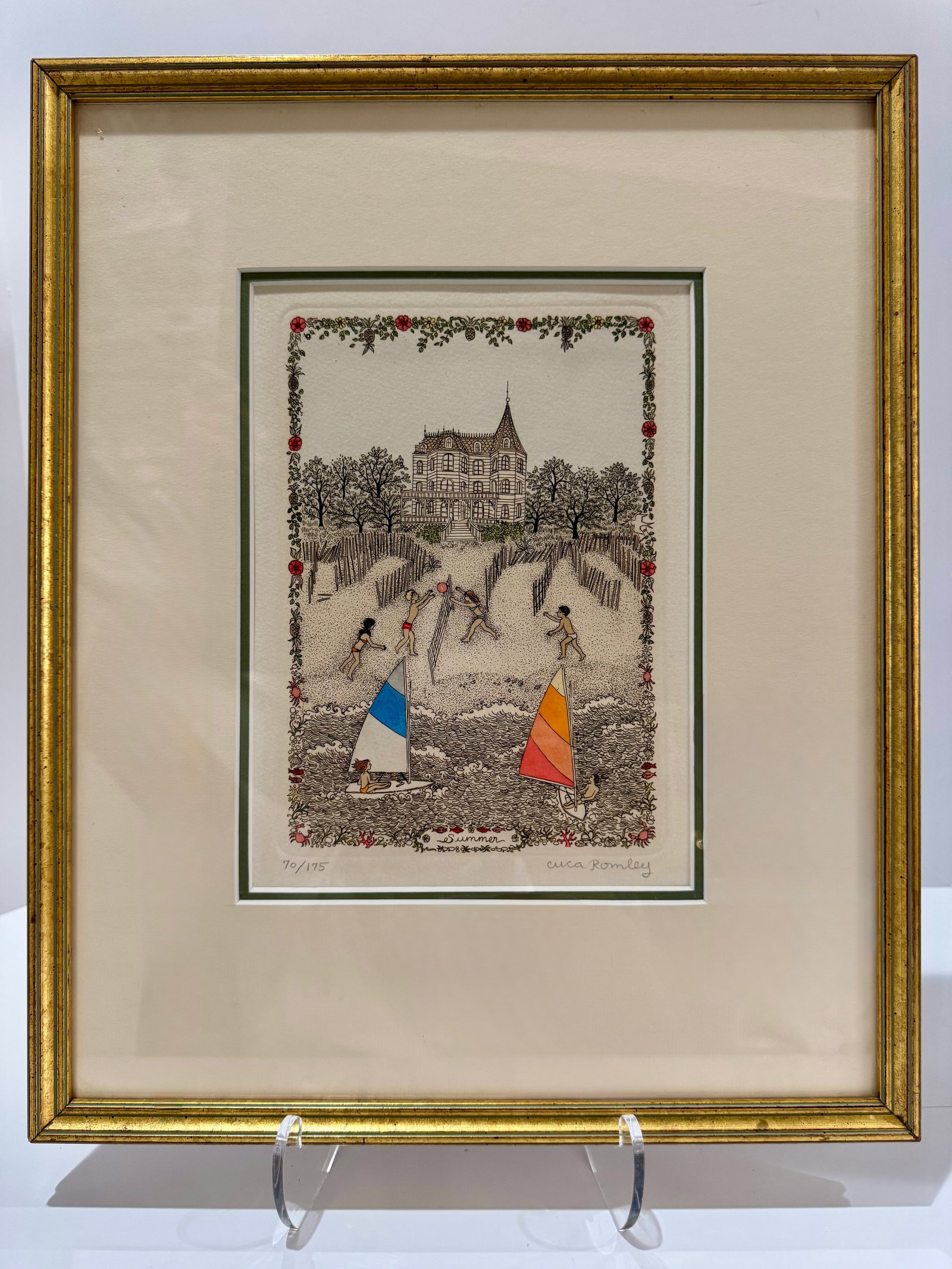 1970s Cuca Romley Four Seasons Set of 4 Signed Hand-Colored Etchings Framed - 13