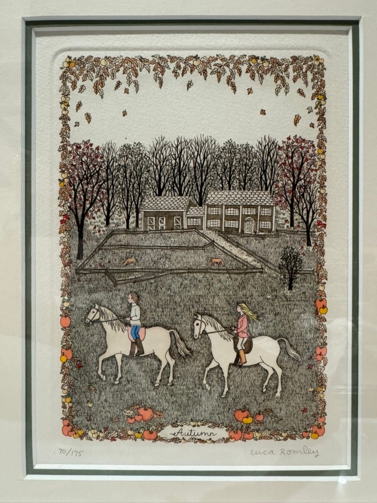 1970s Cuca Romley Four Seasons Set of 4 Signed Hand-Colored Etchings Framed - 2