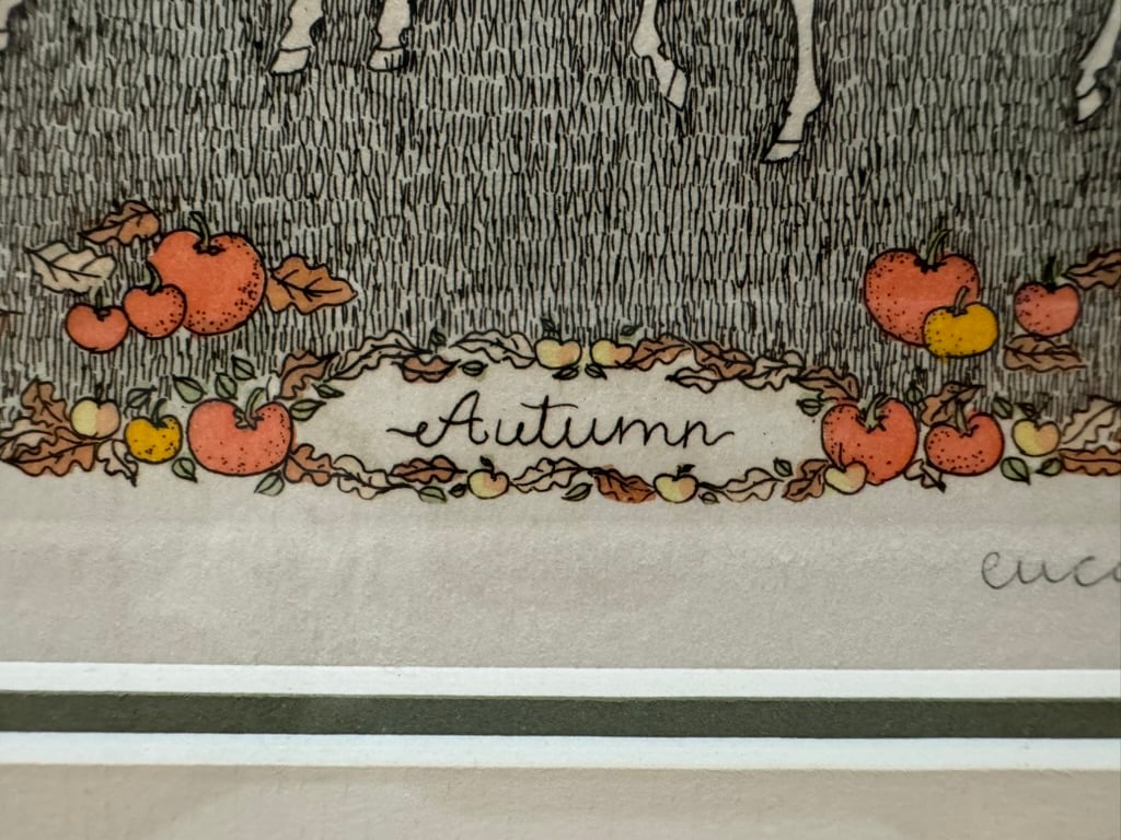 1970s Cuca Romley Four Seasons Set of 4 Signed Hand-Colored Etchings Framed - 3