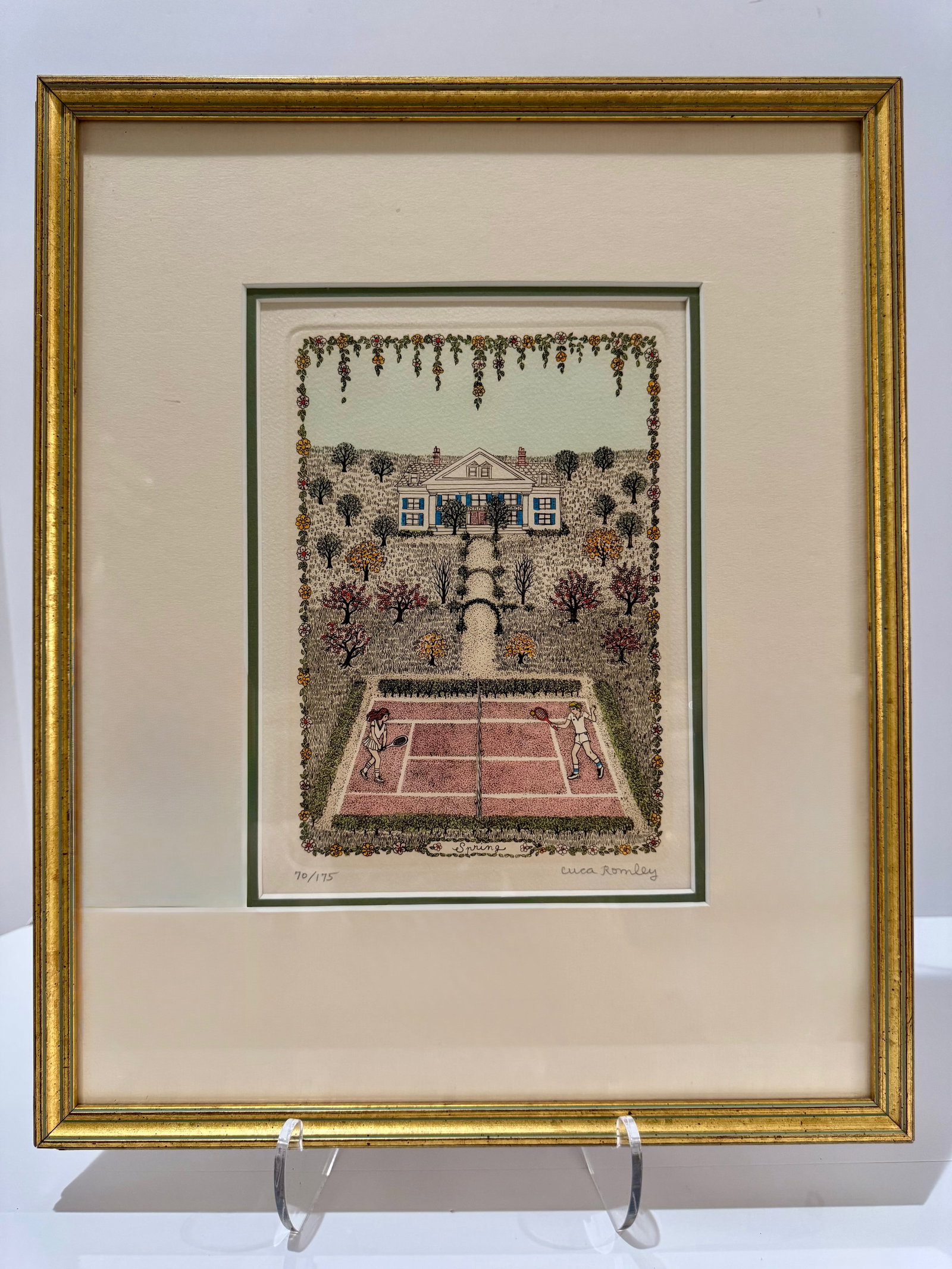 1970s Cuca Romley Four Seasons Set of 4 Signed Hand-Colored Etchings Framed - 9