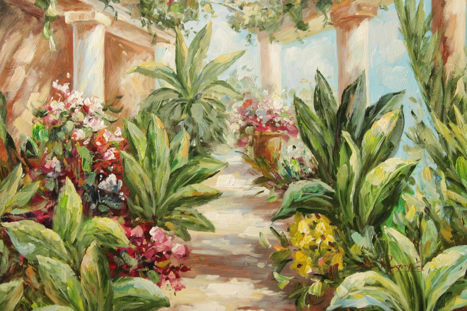 Italian Garden Atrium Landscape Painting, Signed 'A. Rogers' - 4