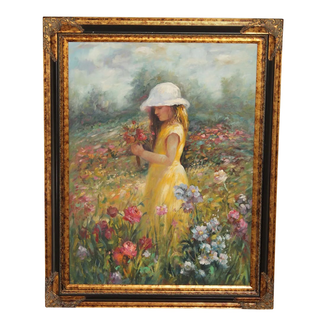 1990s Impressionist Style 'Nature's Child' Original Oil Painting, Signed 'Fergus': Vintage Original Painting After Harrison Rucker (American, b. 1930), Girl Picking Flowers in Field, Oil on Canvas, Signed 'Fergus' on the Lower Right, Custom Partial Gilt and Black Framed Condition: A