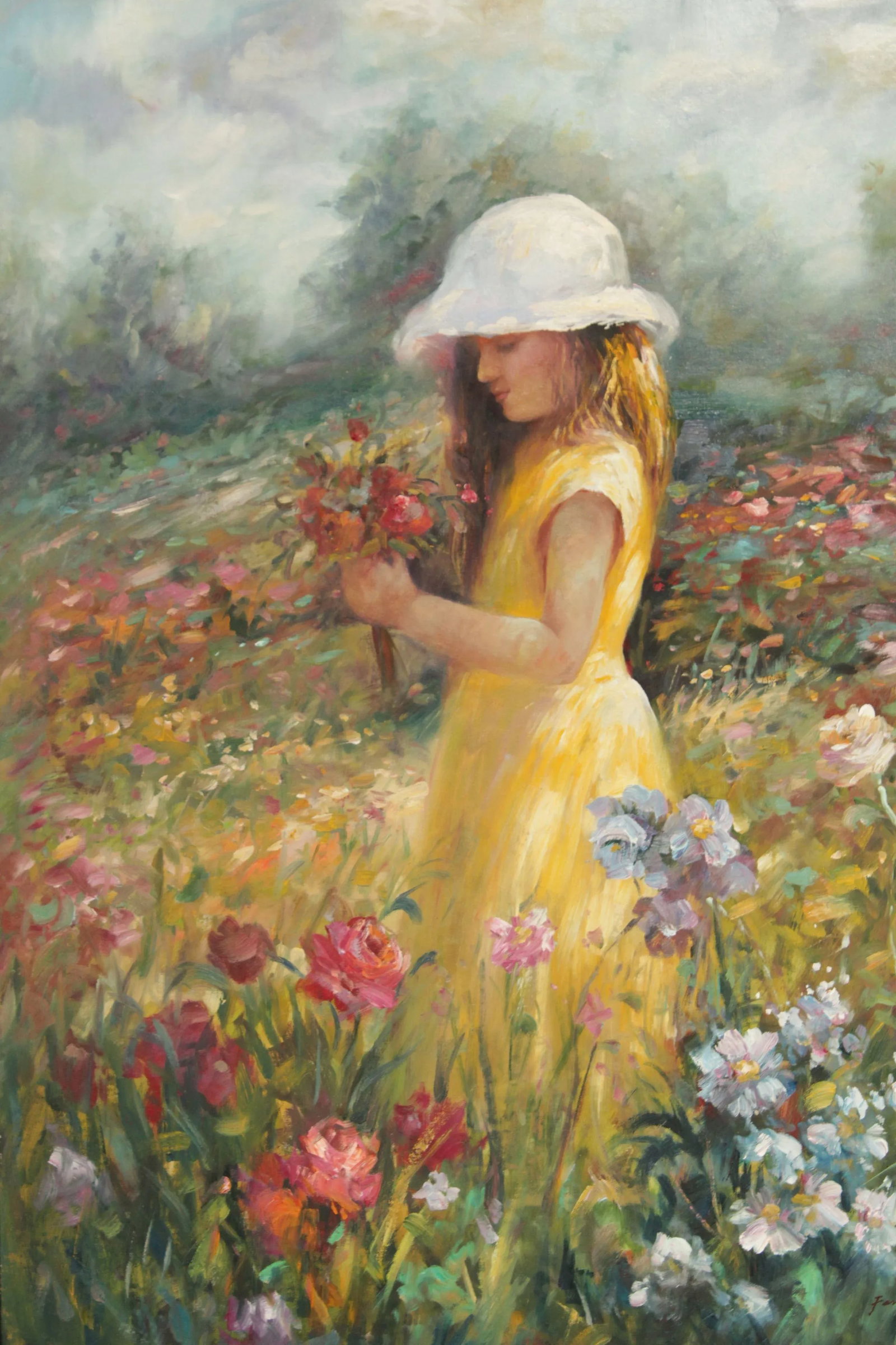 1990s Impressionist Style 'Nature's Child' Original Oil Painting, Signed 'Fergus' - 5