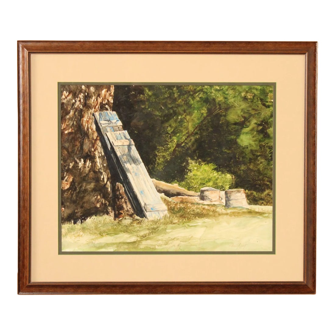 20th Century American Landscape Watercolor Painting, Signed: Vintage Original Artwork Depicting Landscape with Rustic Shutters, Watercolor on Paper, Signed on the Lower Right, Custom Framed and Matted Condition: Alterations: Original Condition Unaltered