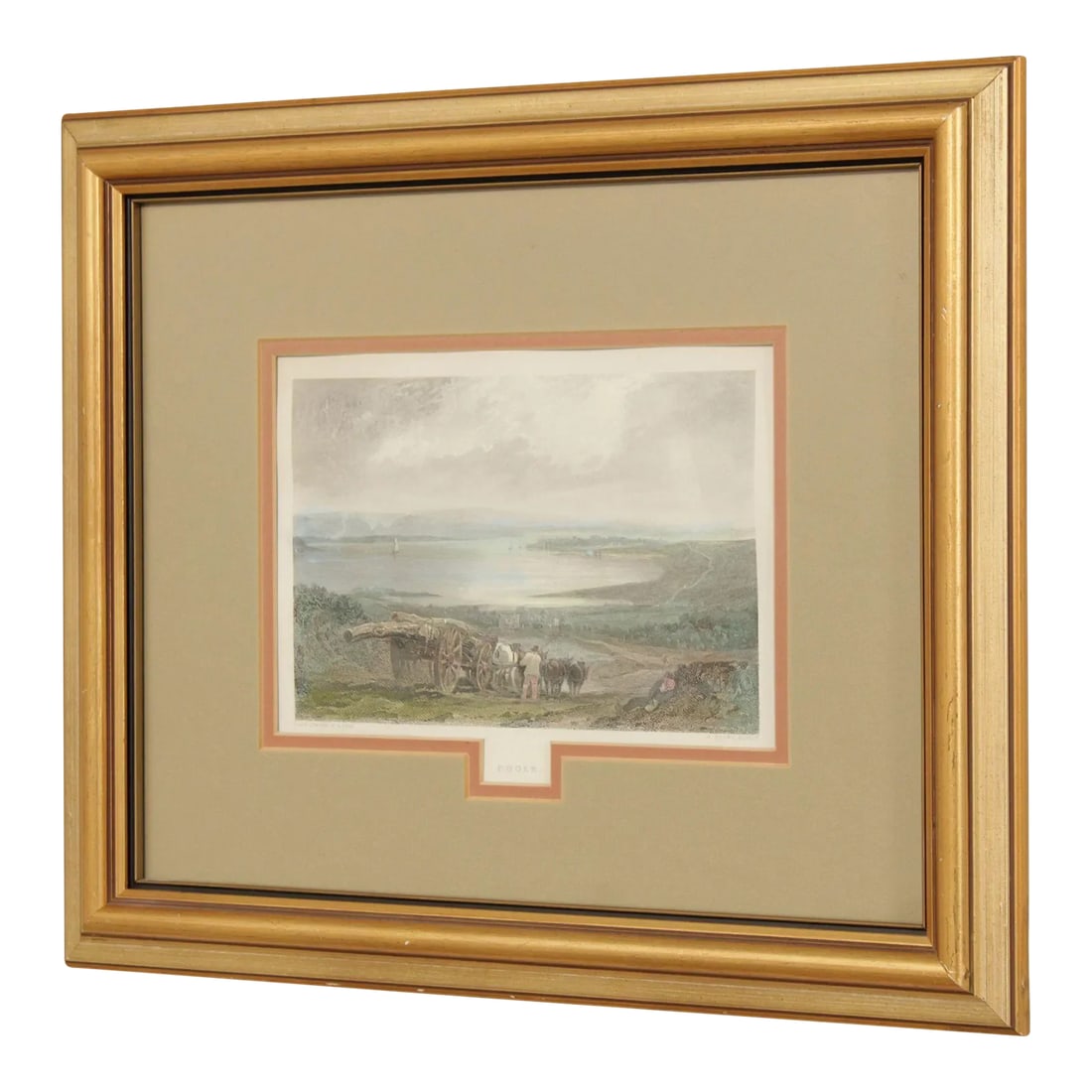 19th C. English 'Poole' After J. M. W. Turner Hand-Colored Engraving: High Quality Antique Hand-Colored Engraving after Joseph Mallord William Turner (British, 1775-1851), 'Poole' Landscape View on the Southern Coast of England, Custom Gold Framed with Grey Matting