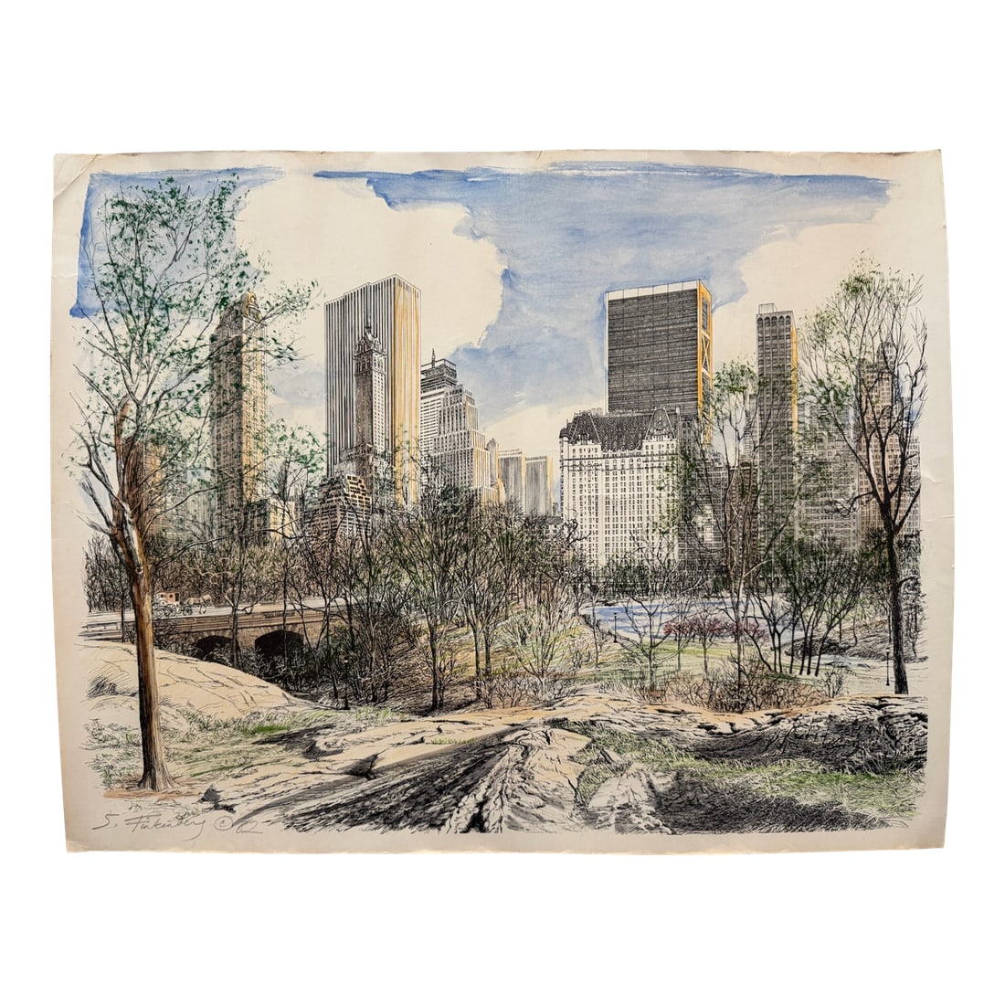 Vintage Signed S. Finkelstein Central Park New York City Skyline Mixed Media Drawing: Detailed vintage Atlanta view depicting Piedmont Park with the Atlanta skyline beyond. Executed in fine black linework with watercolor or wash accents in blue, green, ochre, and brown. Signed "S.