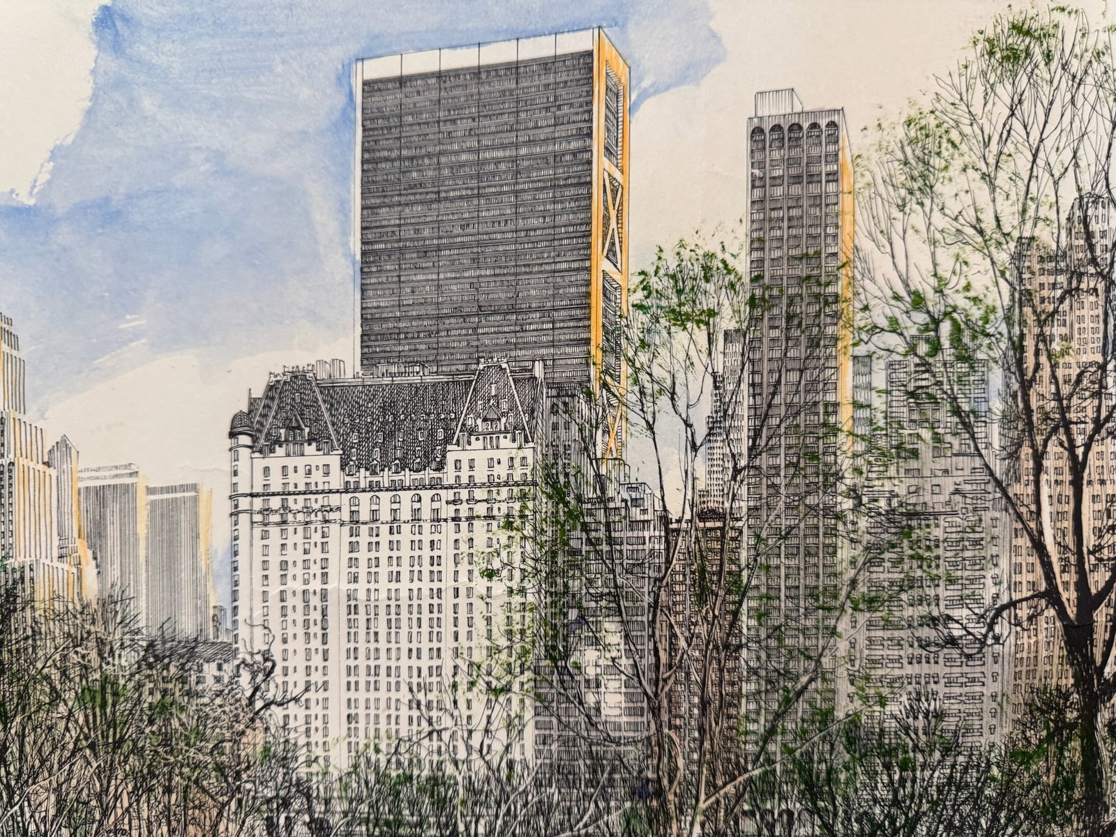 Vintage Signed S. Finkelstein Central Park New York City Skyline Mixed Media Drawing - 2