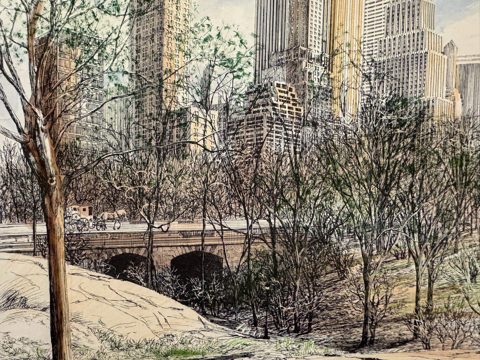 Vintage Signed S. Finkelstein Central Park New York City Skyline Mixed Media Drawing - 3