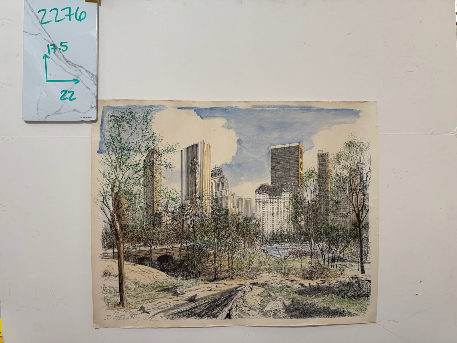 Vintage Signed S. Finkelstein Central Park New York City Skyline Mixed Media Drawing - 8