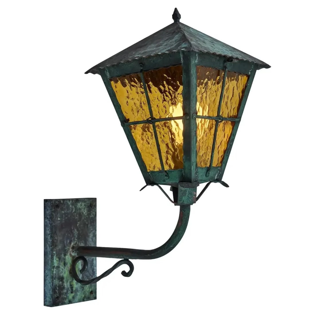 1950s Large Scandinavian Outdoor Wall Light in Patinated Copper and Amber Glass - 12