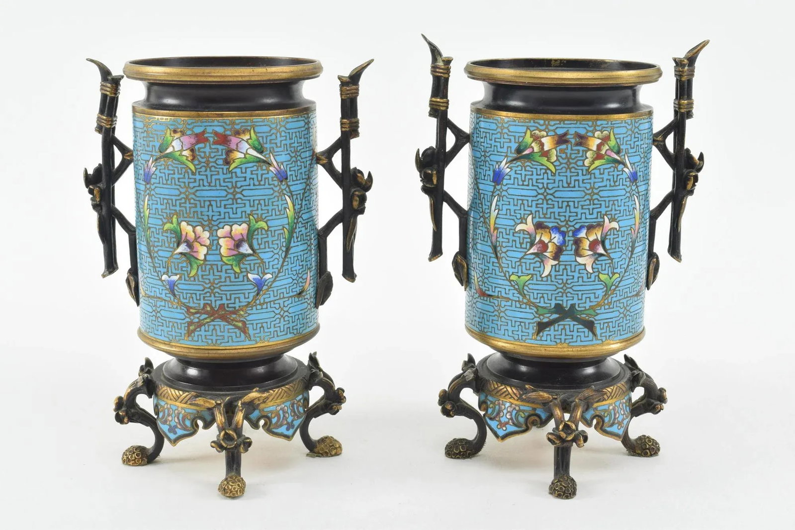 French Aesthetic Movement Bronze Champleve Footed Urns - 12