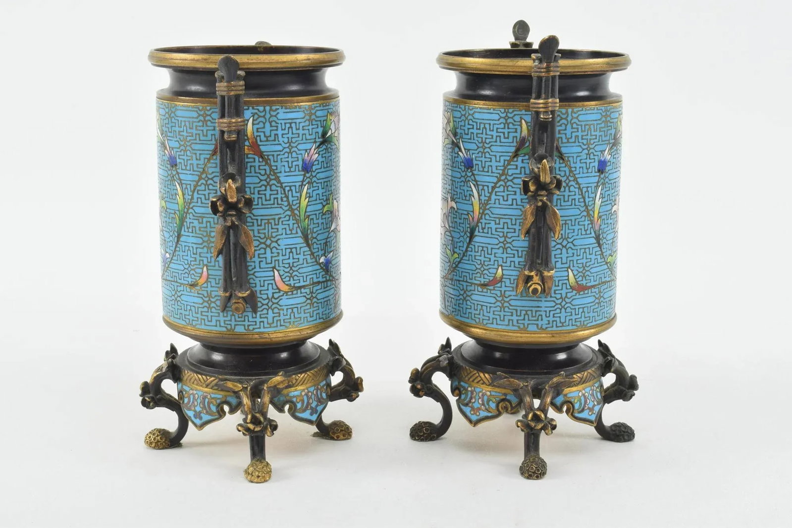 French Aesthetic Movement Bronze Champleve Footed Urns - 2