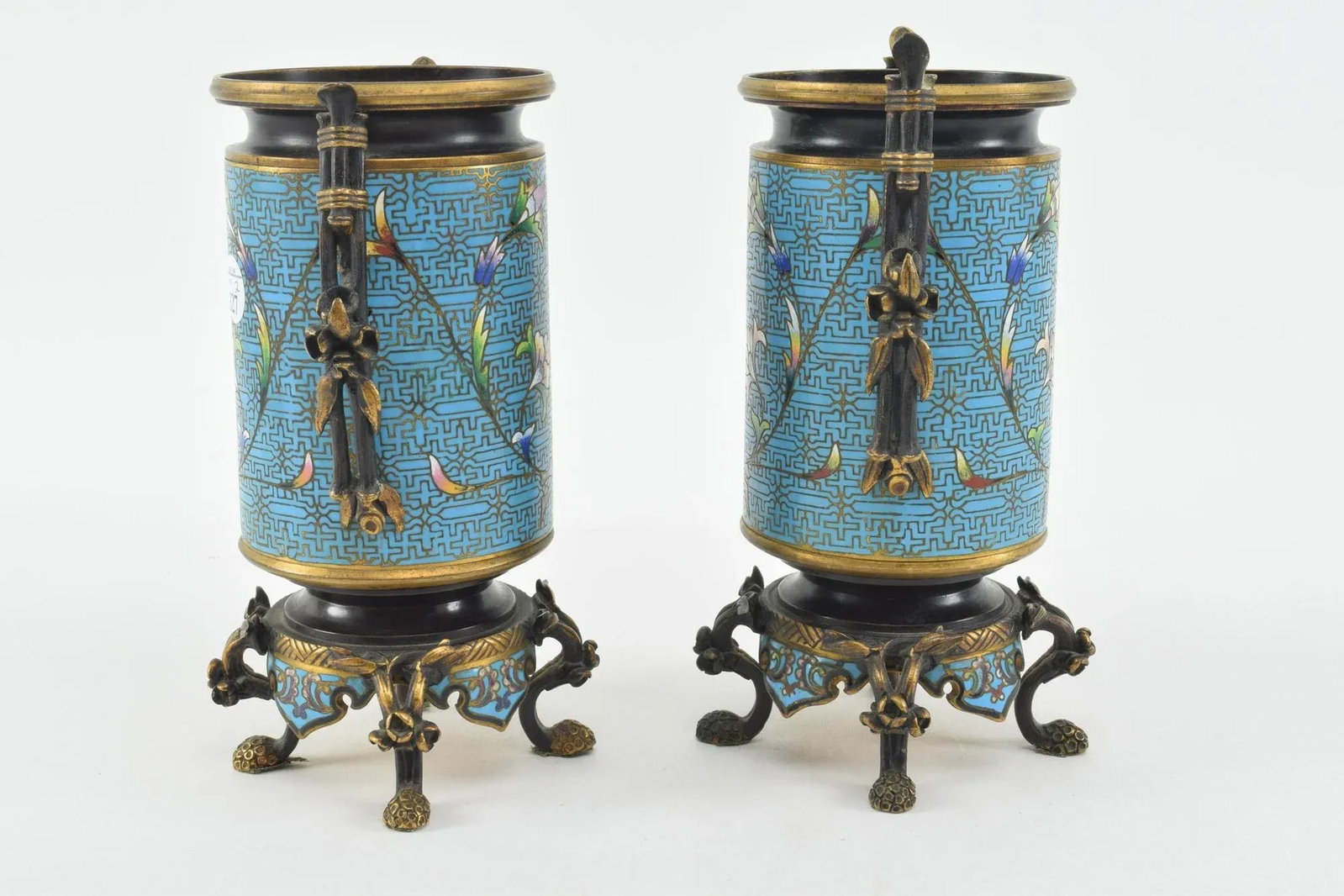 French Aesthetic Movement Bronze Champleve Footed Urns - 5