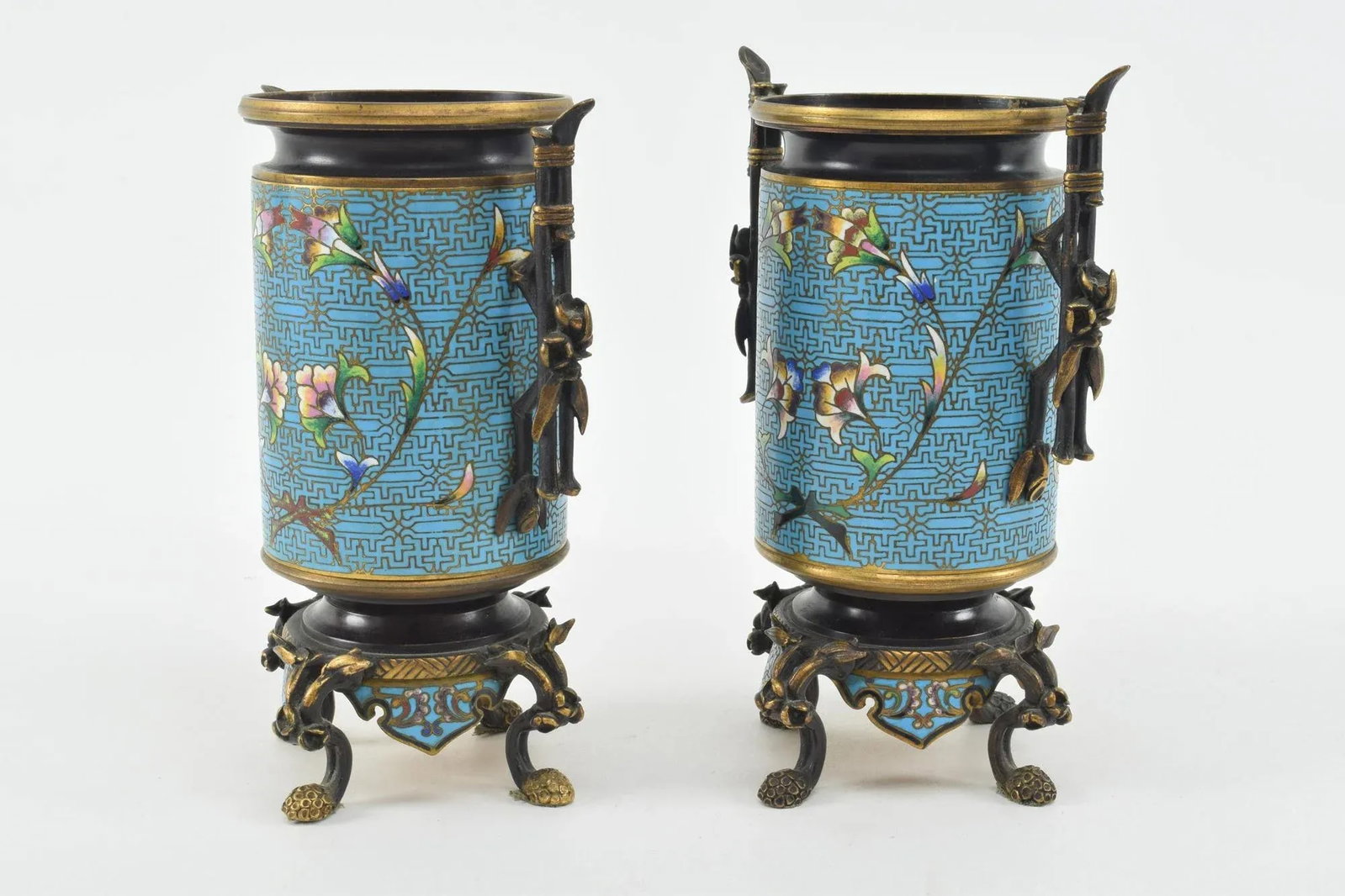 French Aesthetic Movement Bronze Champleve Footed Urns - 7