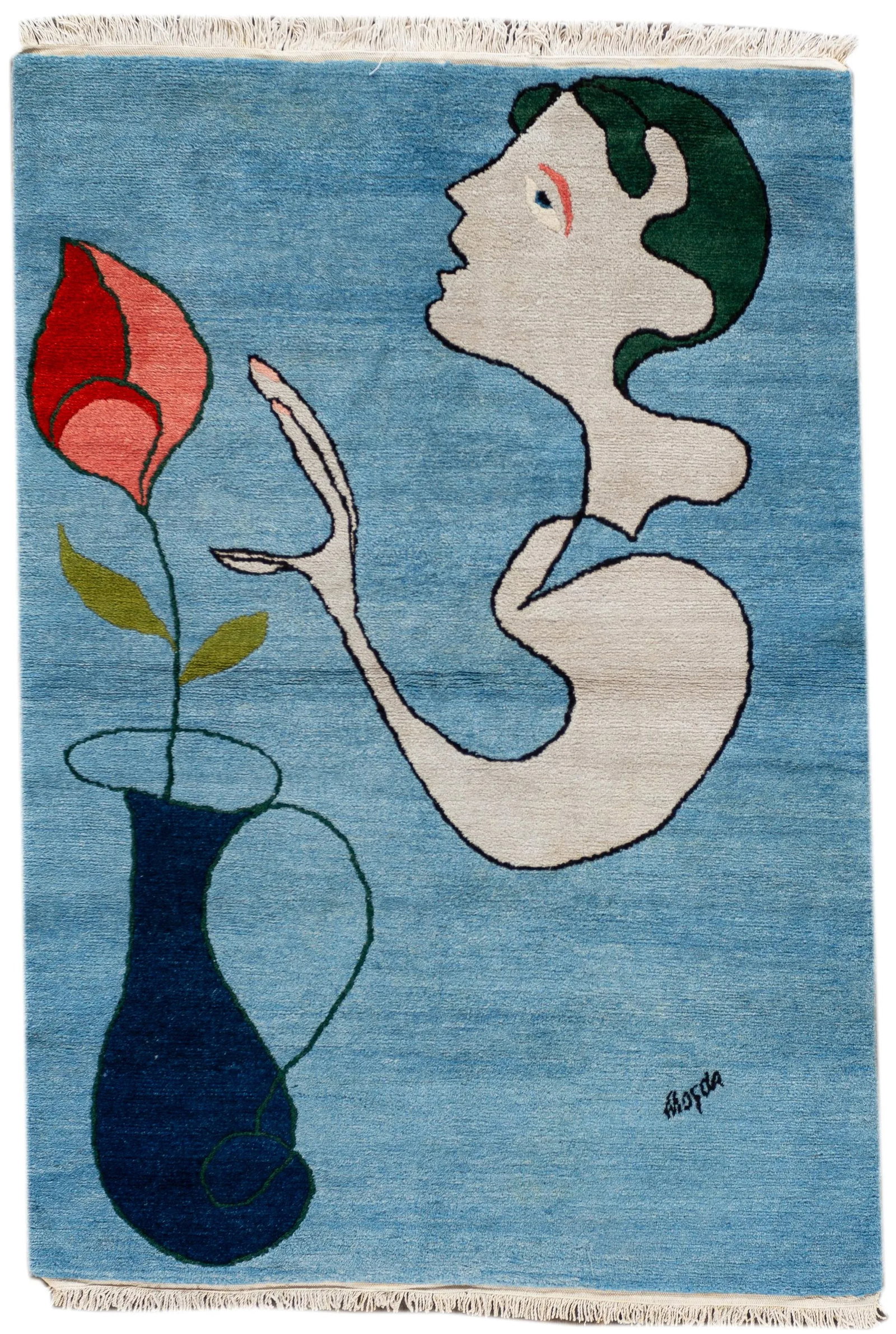1960s Vintage Tabriz Blue Handmade Art Deco Wool Rug - 10