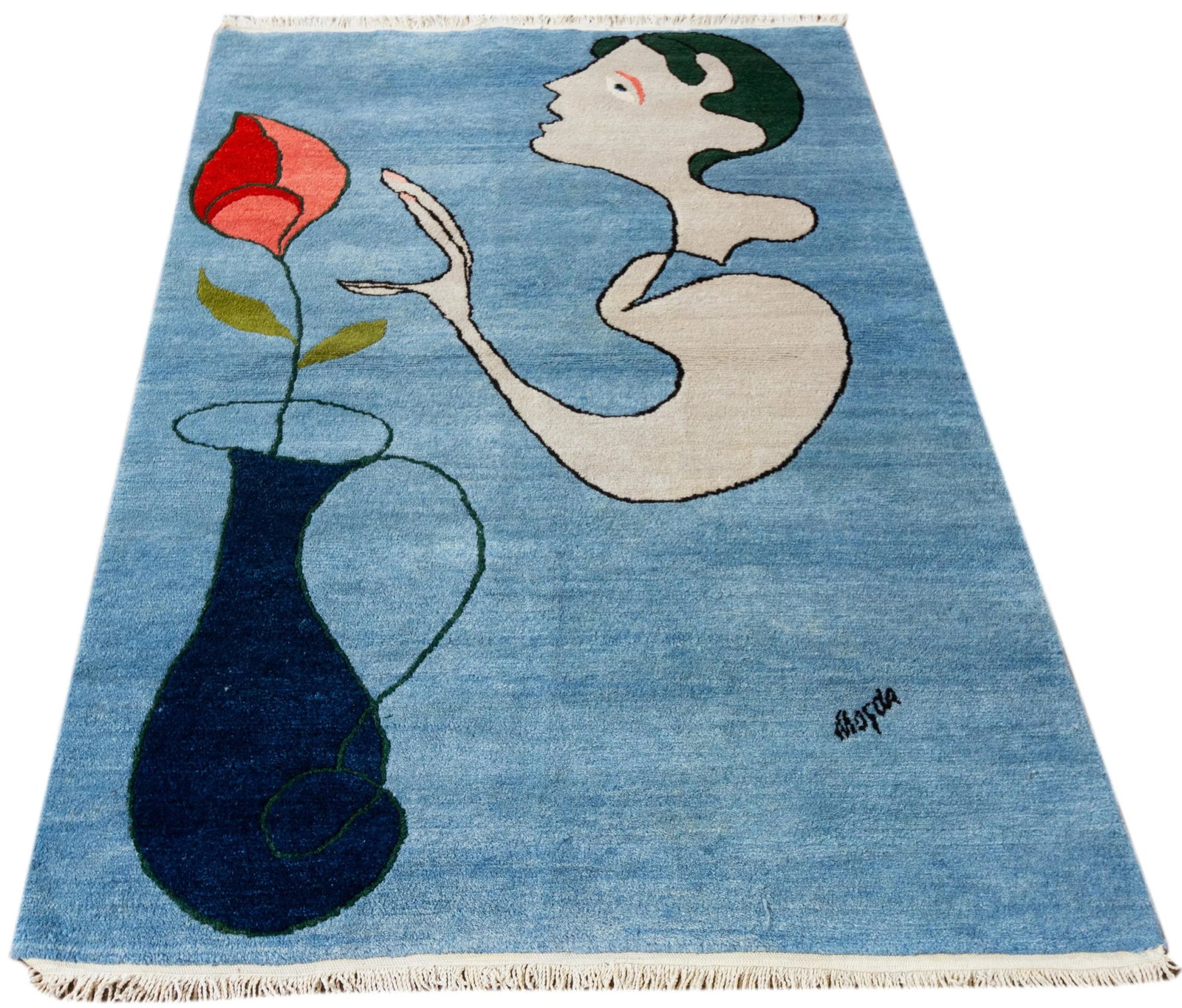 1960s Vintage Tabriz Blue Handmade Art Deco Wool Rug - 5