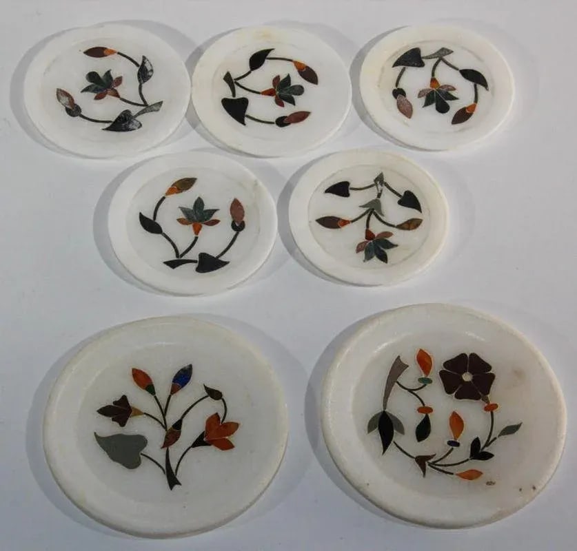 Vintage Rajasthani Pietra Dura White Stone Inlay Taj Mahal India Style Coasters- Set of 7 - 2