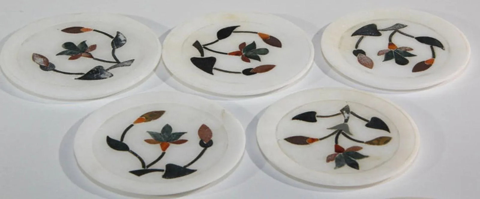 Vintage Rajasthani Pietra Dura White Stone Inlay Taj Mahal India Style Coasters- Set of 7 - 3
