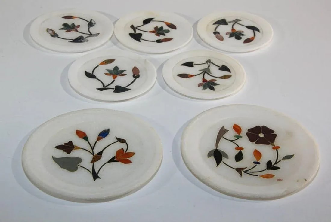 Vintage Rajasthani Pietra Dura White Stone Inlay Taj Mahal India Style Coasters- Set of 7 - 4
